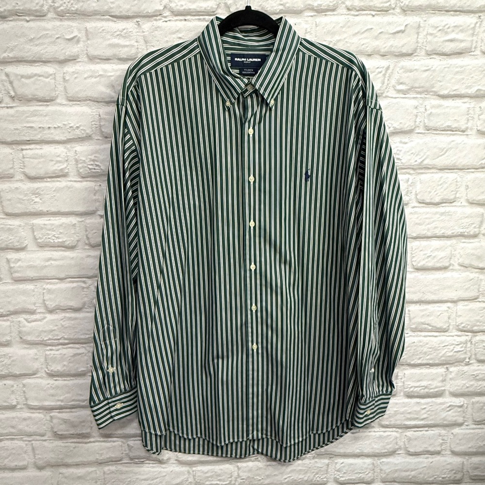 Ralph Lauren Golf Tilden Button Down Shirt Mens XL Green White Stripe 100 Cotton - Picture 8 of 12